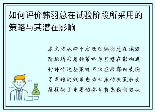 如何评价韩羽总在试验阶段所采用的策略与其潜在影响
