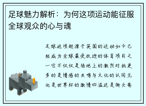 足球魅力解析：为何这项运动能征服全球观众的心与魂